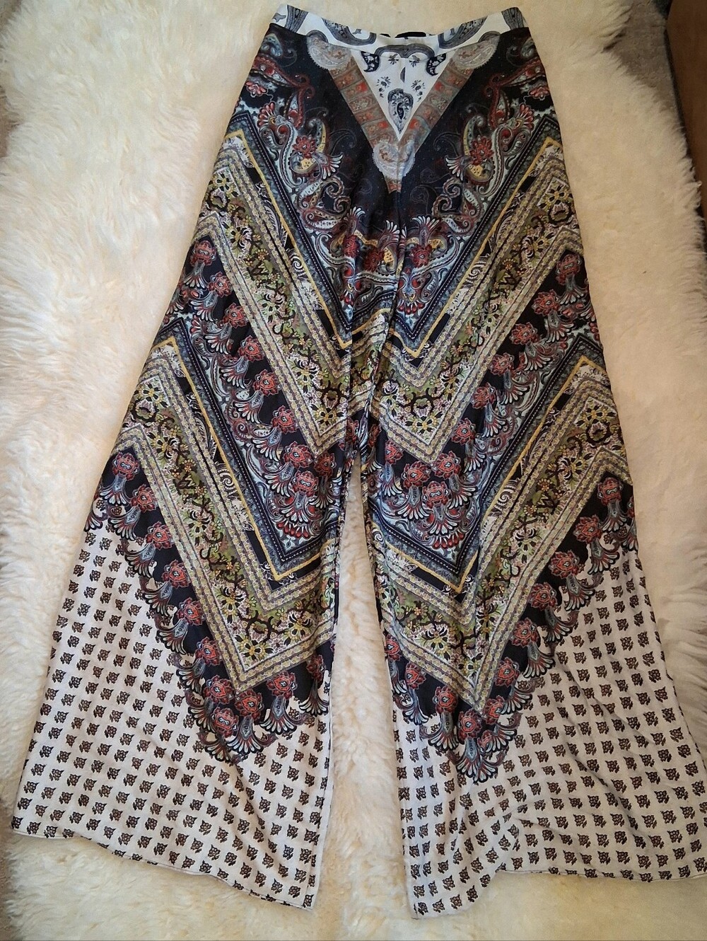 Alice + Olivia Black, White, Red & Gold Paisley Boot-Cut Jumpsuit Pants